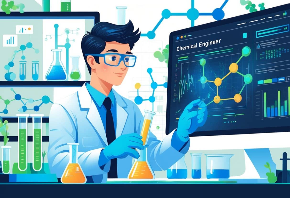 19 Chemical Engineer Resume Examples & Guide for 2025: Expert Tips for Landing Your Next Role 5 A chemical engineer in a lab coat working in a modern laboratory with scientific equipment and digital screens showing chemical data.