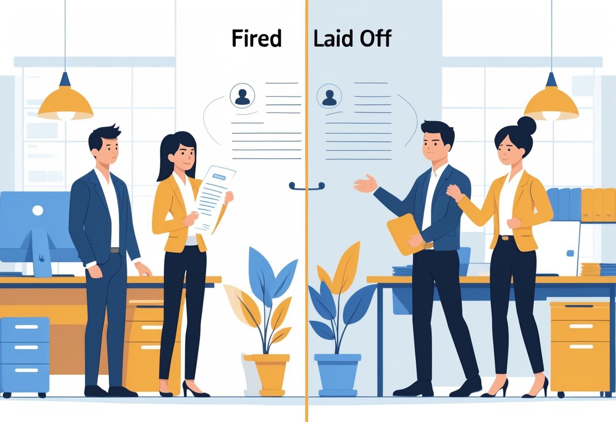 3 Reasons Why You Should Differentiate Fired Vs Laid Off on Your Resume for Better Job Prospects 1 Two groups of people in an office showing one person upset after being fired and another calmly leaving after being laid off, with a visual division between the two scenarios.