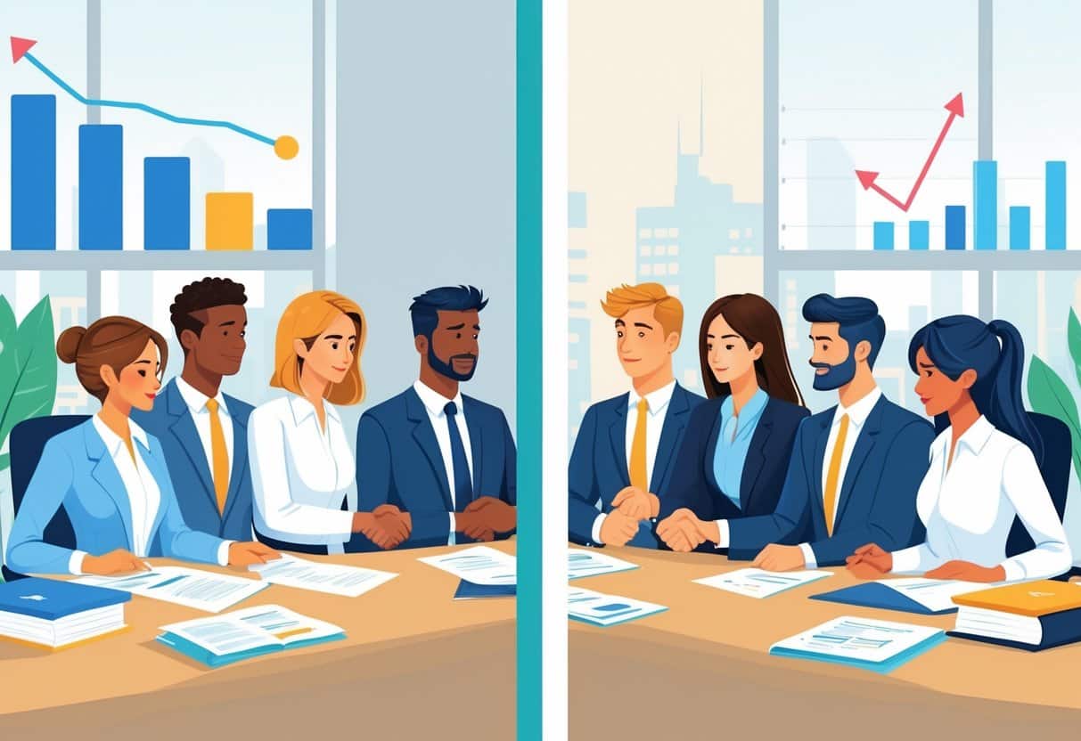 3 Reasons Why You Should Differentiate Fired Vs Laid Off on Your Resume for Better Job Prospects 2 Two groups of business professionals in an office, one calm and confident, the other reflective, discussing resumes with recruiters, symbolizing the difference between being laid off and fired.