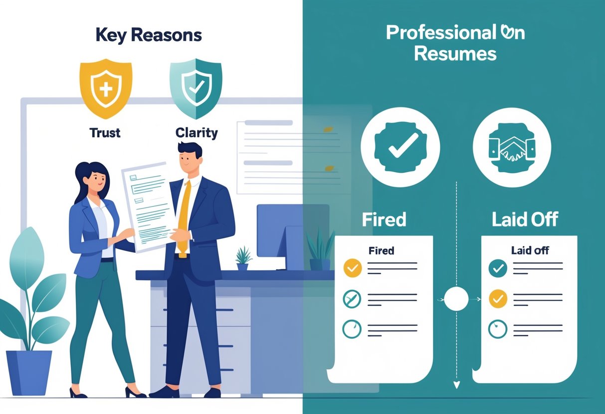 3 Reasons Why You Should Differentiate Fired Vs Laid Off on Your Resume for Better Job Prospects 3 A job applicant handing a resume to a hiring manager with icons representing trust, clarity, and transparency, alongside a comparison chart differentiating fired and laid off.