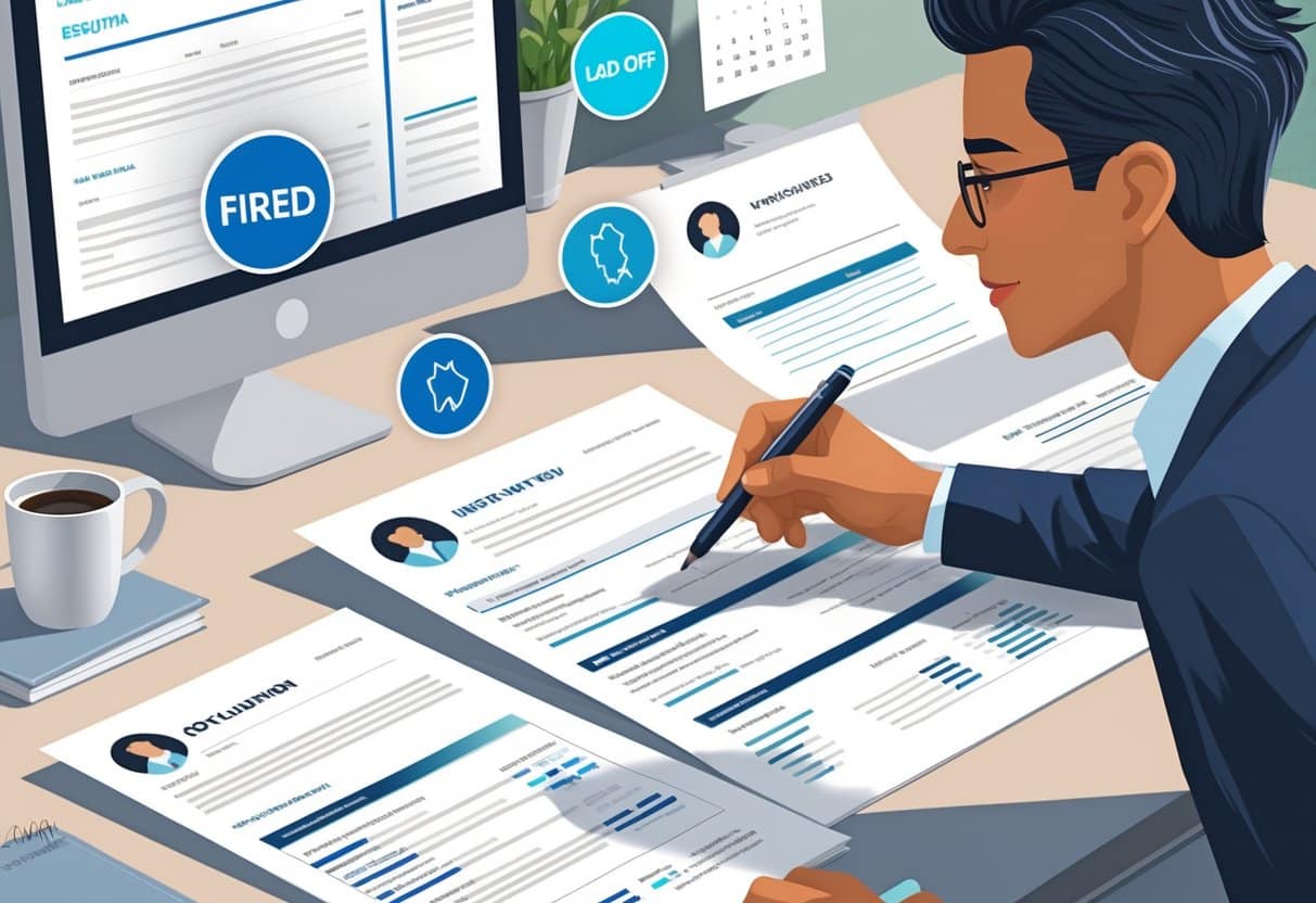 3 Reasons Why You Should Differentiate Fired Vs Laid Off on Your Resume for Better Job Prospects 4 A person reviewing a resume and job application documents at a desk, with icons representing firing and layoffs nearby, and a computer screen showing job listings in the background.