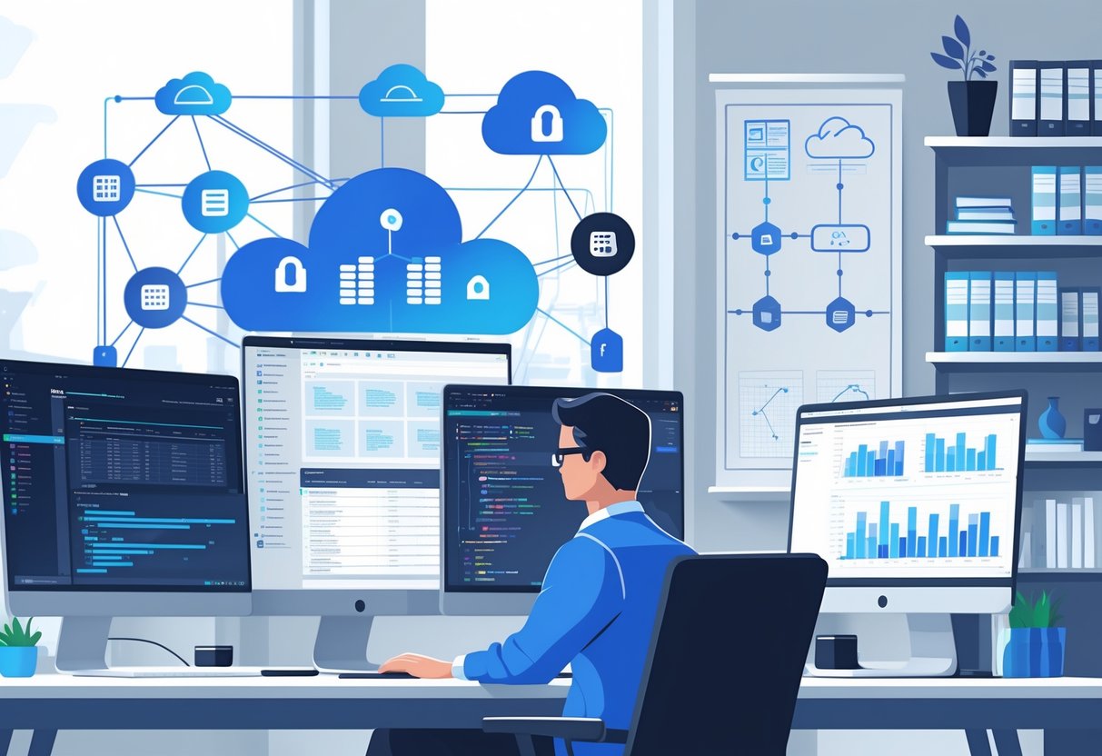 Database Management Skills on Resume: How to Highlight Your Expertise Effectively 4 A person working at a desk with multiple computer screens showing database diagrams and charts, surrounded by icons representing data management and security.