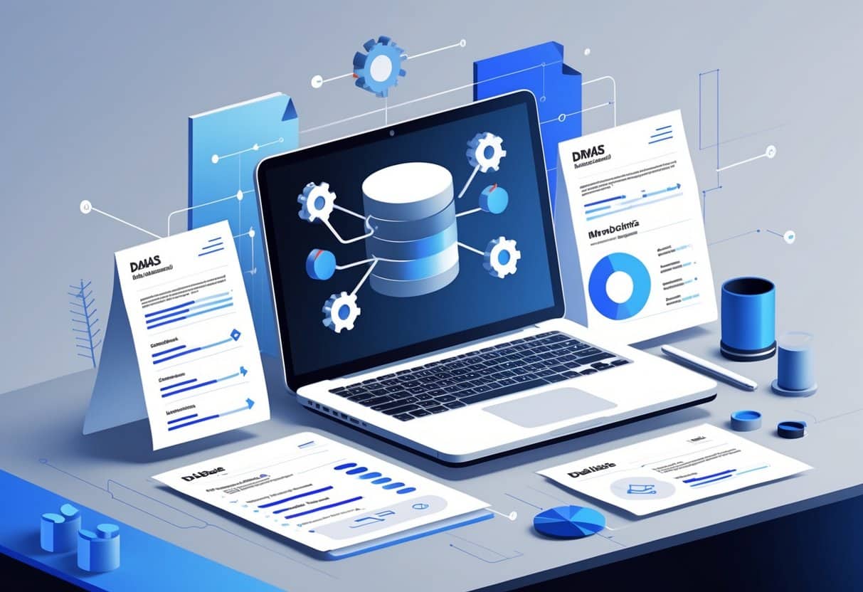 Database Management Skills on Resume: How to Highlight Your Expertise Effectively 5 A desk with a laptop showing a database schema and documents representing database management skills on a resume.
