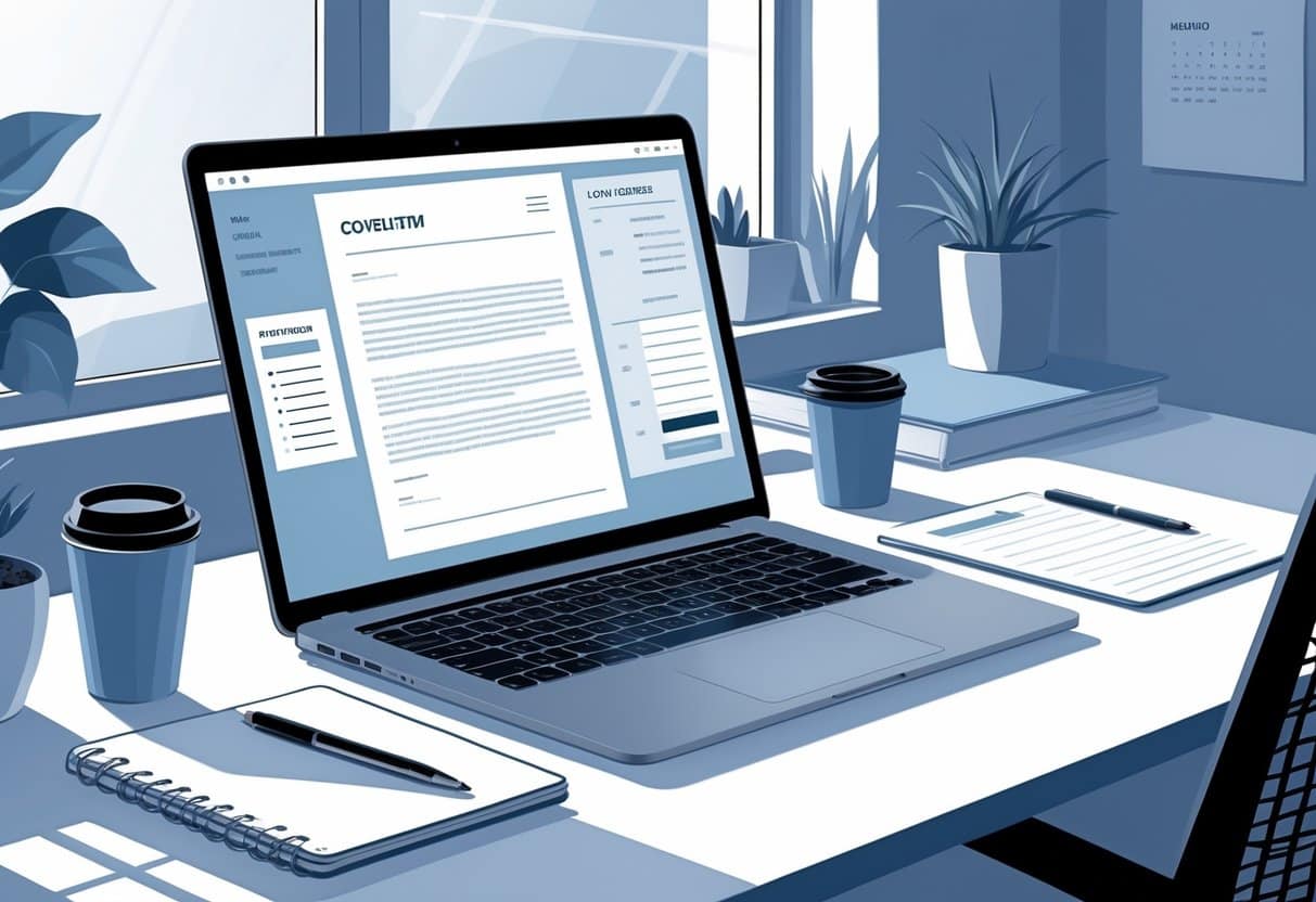 Online Cover Letter Builder: Create Professional Cover Letters with Ease 1 A clean workspace with a laptop displaying a document, surrounded by office supplies and soft natural light.