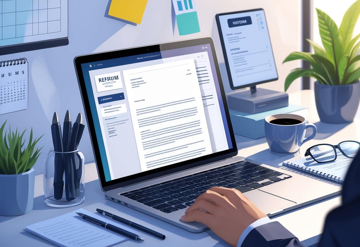 Online Cover Letter Builder: Create Professional Cover Letters with Ease 2 A workspace with a laptop showing an open cover letter document, surrounded by office supplies and a plant.