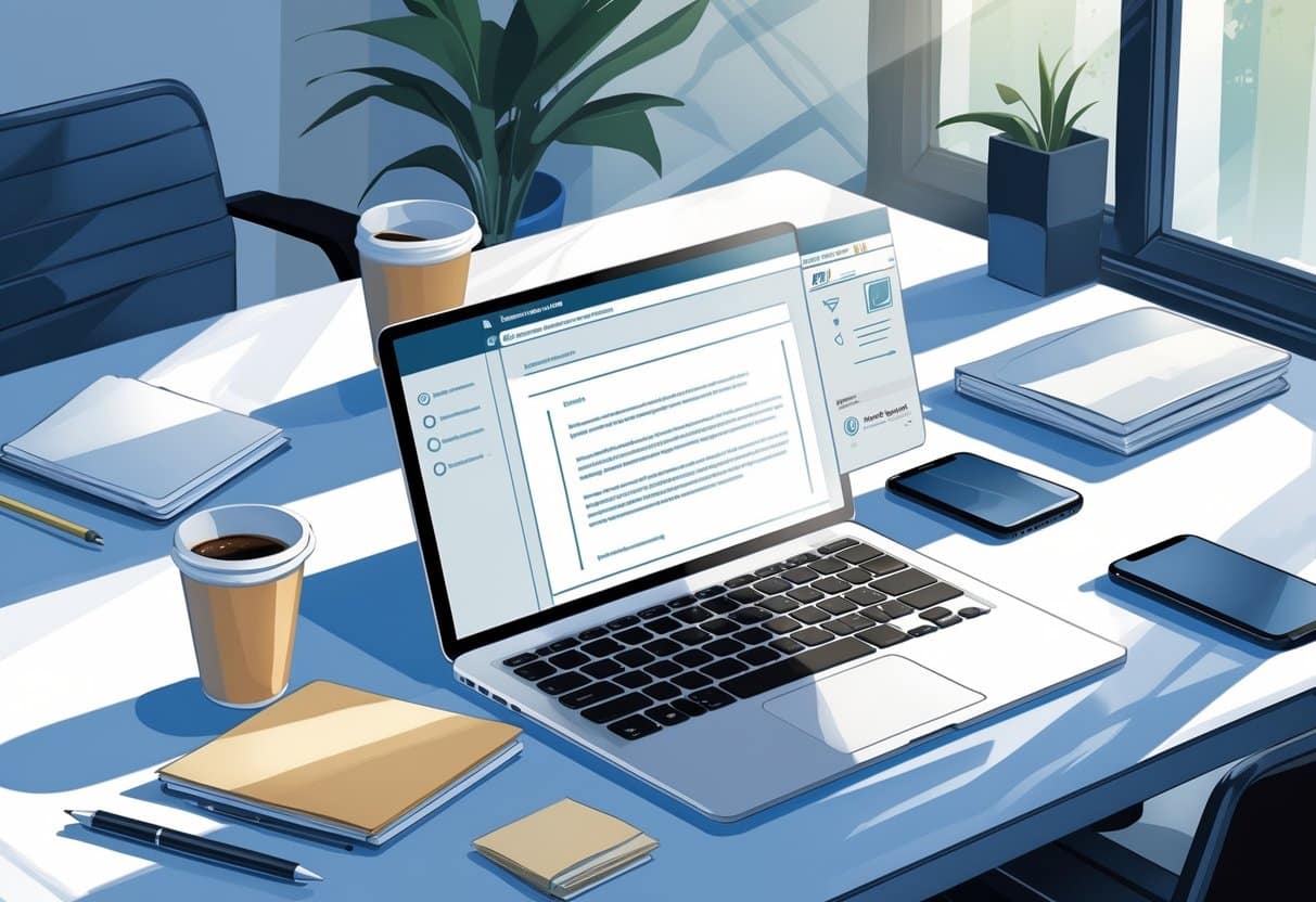 Online Cover Letter Builder: Create Professional Cover Letters with Ease 3 A laptop on a desk showing a digital cover letter editor, surrounded by office supplies like a notepad, pen, coffee cup, and smartphone.
