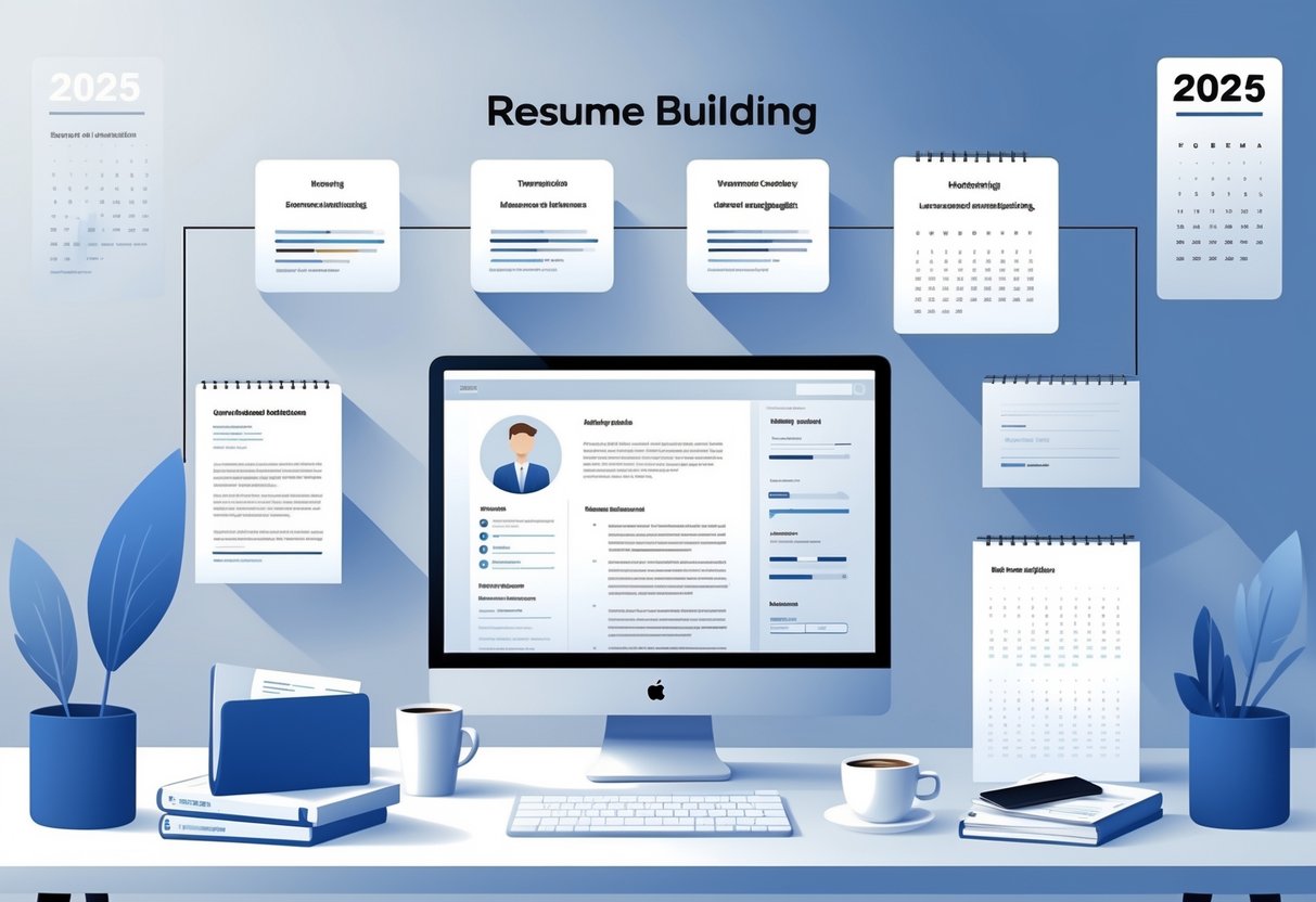 How to Add Your Best Professional Affiliations to Your 2025 Resume for Maximum Impact 4 A modern workspace with a laptop showing a resume template, surrounded by documents and icons representing professional organizations, with a calendar showing the year 2025.