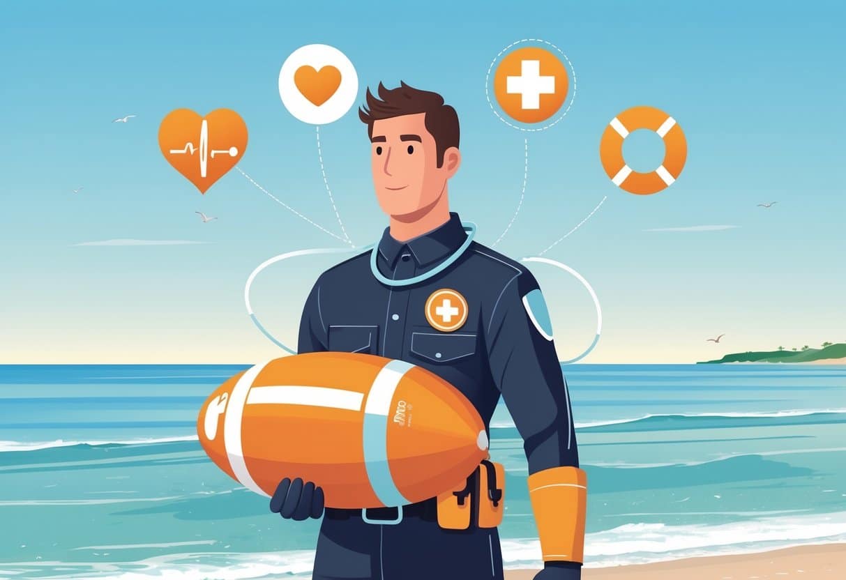 15 Lifeguard Resume Examples & Guide for 2025: Stand Out with Proven Tips 3 A lifeguard standing confidently by the water with rescue equipment and icons representing CPR, First Aid, and lifeguard certifications around them.