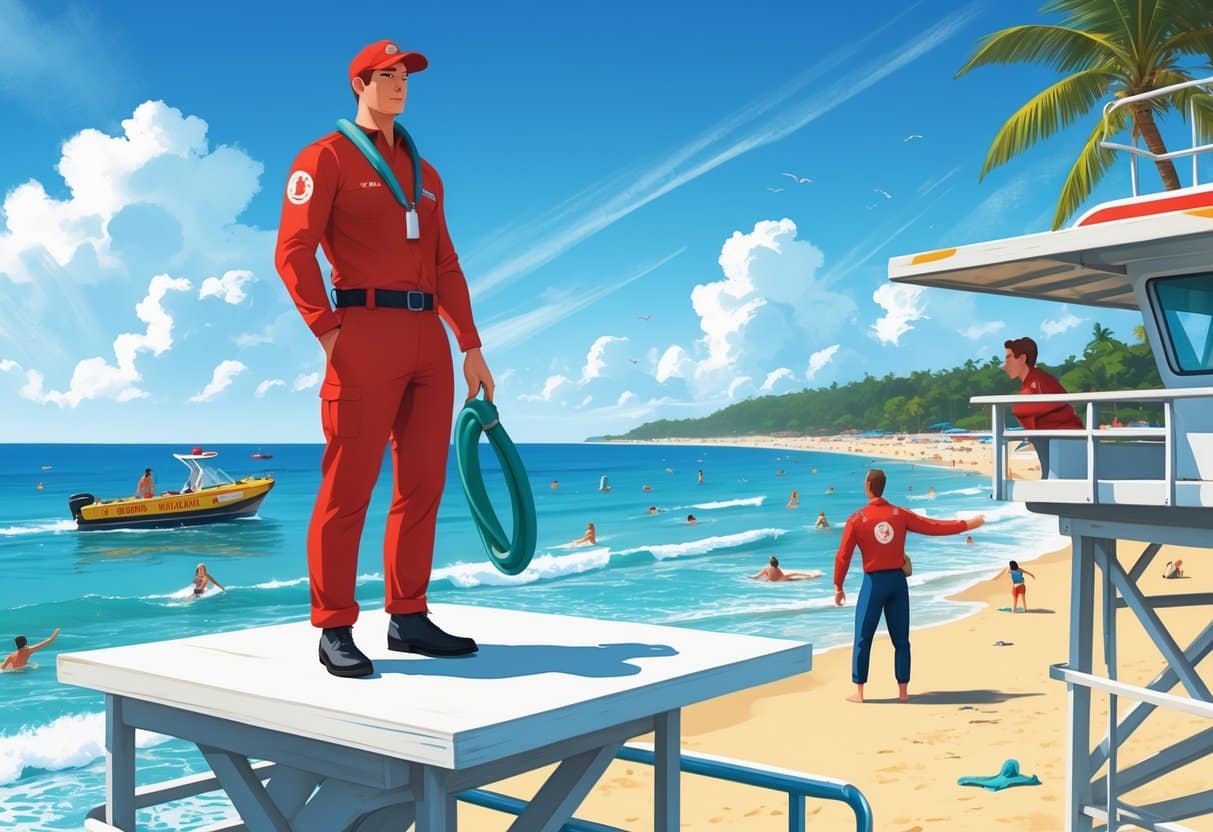 15 Lifeguard Resume Examples & Guide for 2025: Stand Out with Proven Tips 4 A lifeguard on a beach tower watches over swimmers while another lifeguard helps a swimmer in the water, with a rescue boat nearby.