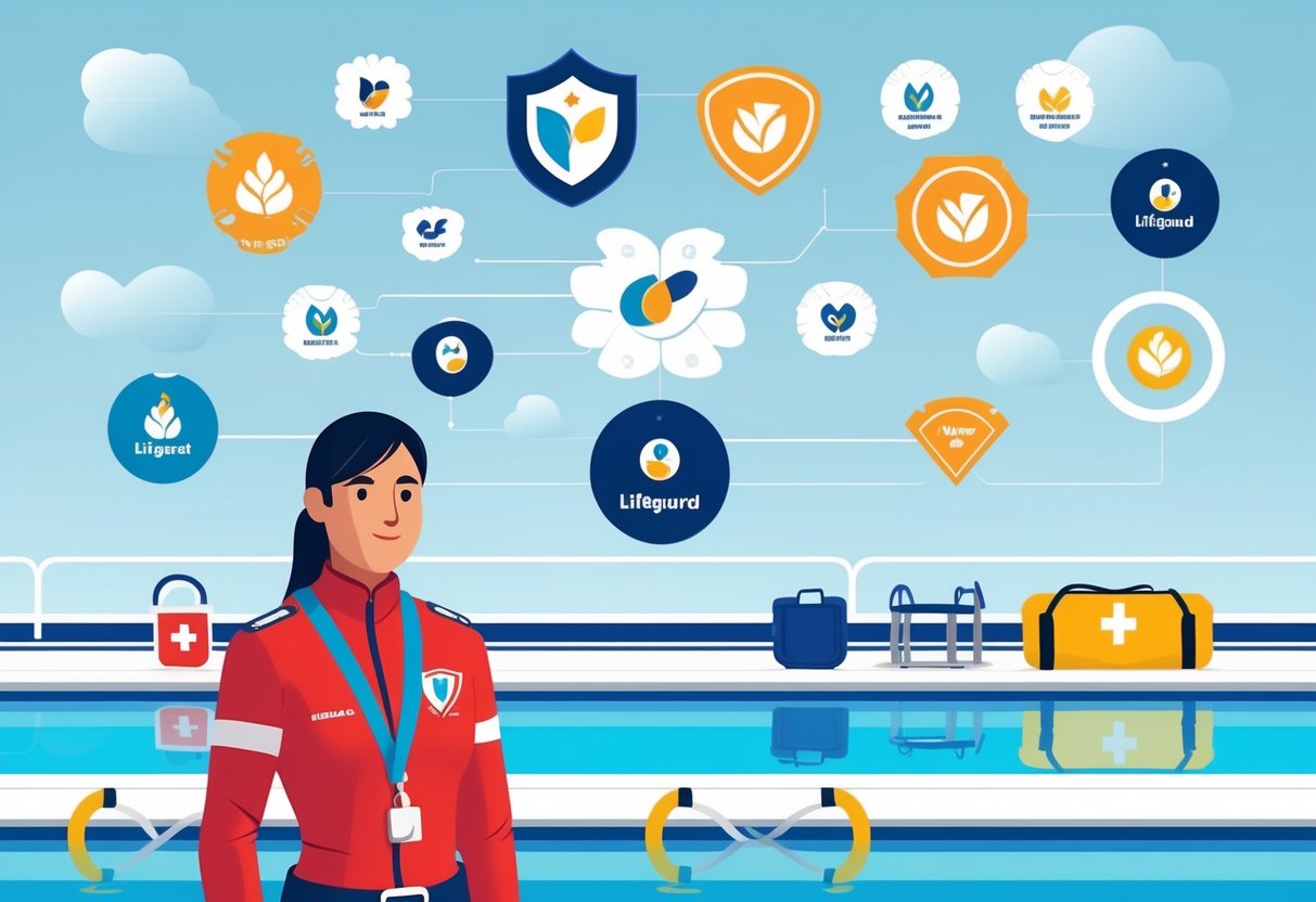 15 Lifeguard Resume Examples & Guide for 2025: Stand Out with Proven Tips 5 A lifeguard in red uniform standing by a swimming pool with safety equipment and symbols representing lifeguard jobs and employers in the background.