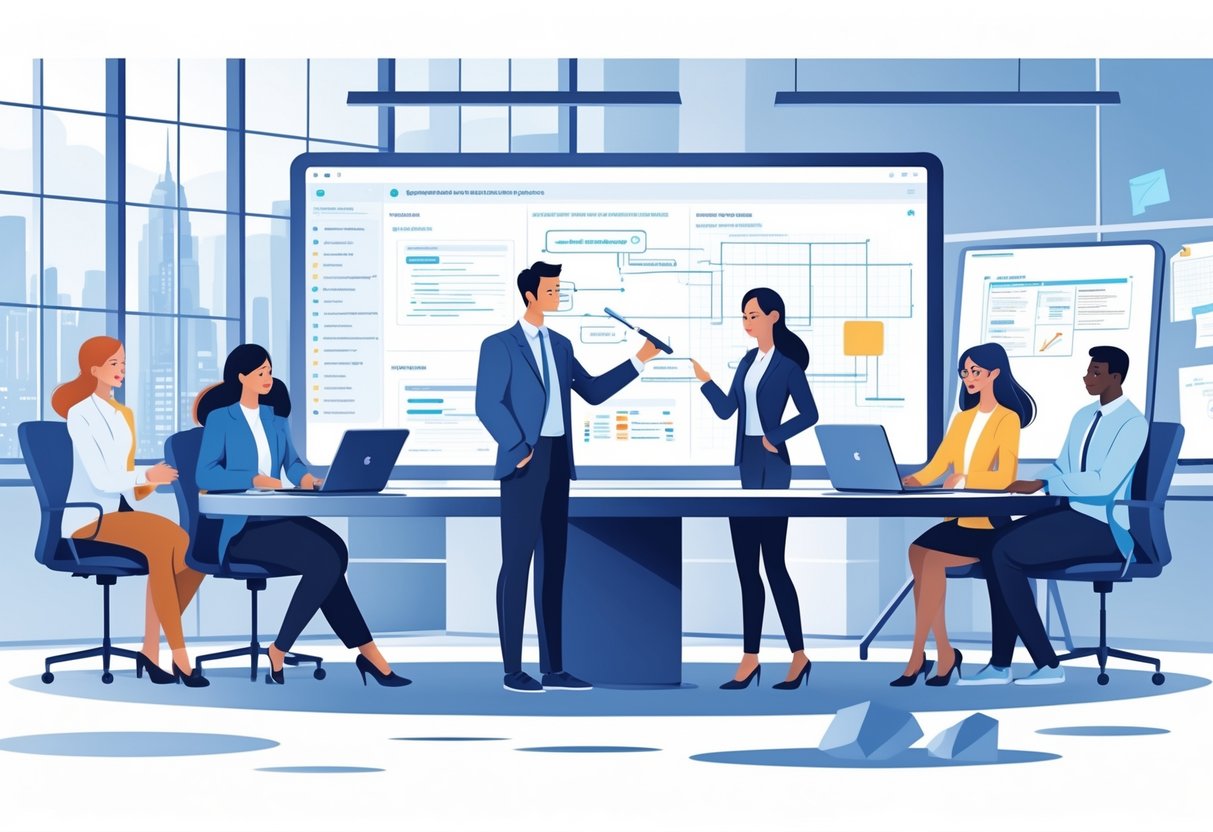 Professional Tech Cover Letter Examples for 2025: Expert Samples and Writing Tips 3 A group of professionals collaborating around a digital touchscreen table in an office, discussing technical diagrams and problem-solving strategies.