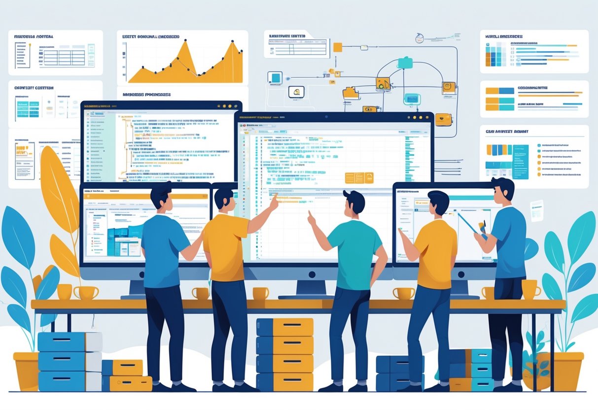 A group of test engineers working together at a desk with computers and a whiteboard showing testing diagrams.