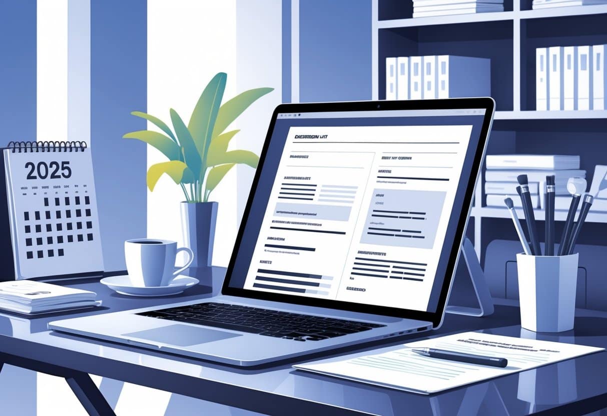 20 ATS Resume Examples & Guide for 2025: Beat the Bots and Land More Interviews 4 A modern office workspace with a laptop showing a resume layout, a calendar marked 2025, and career-related books on shelves.