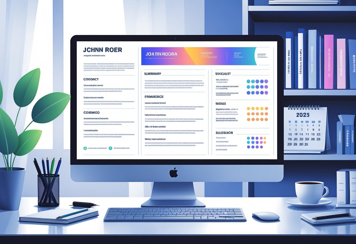 20 ATS Resume Examples & Guide for 2025: Beat the Bots and Land More Interviews 5 A modern workspace with a computer displaying a neatly organized digital resume layout divided into clear sections, surrounded by office supplies and a bookshelf, representing resume preparation for 2025.
