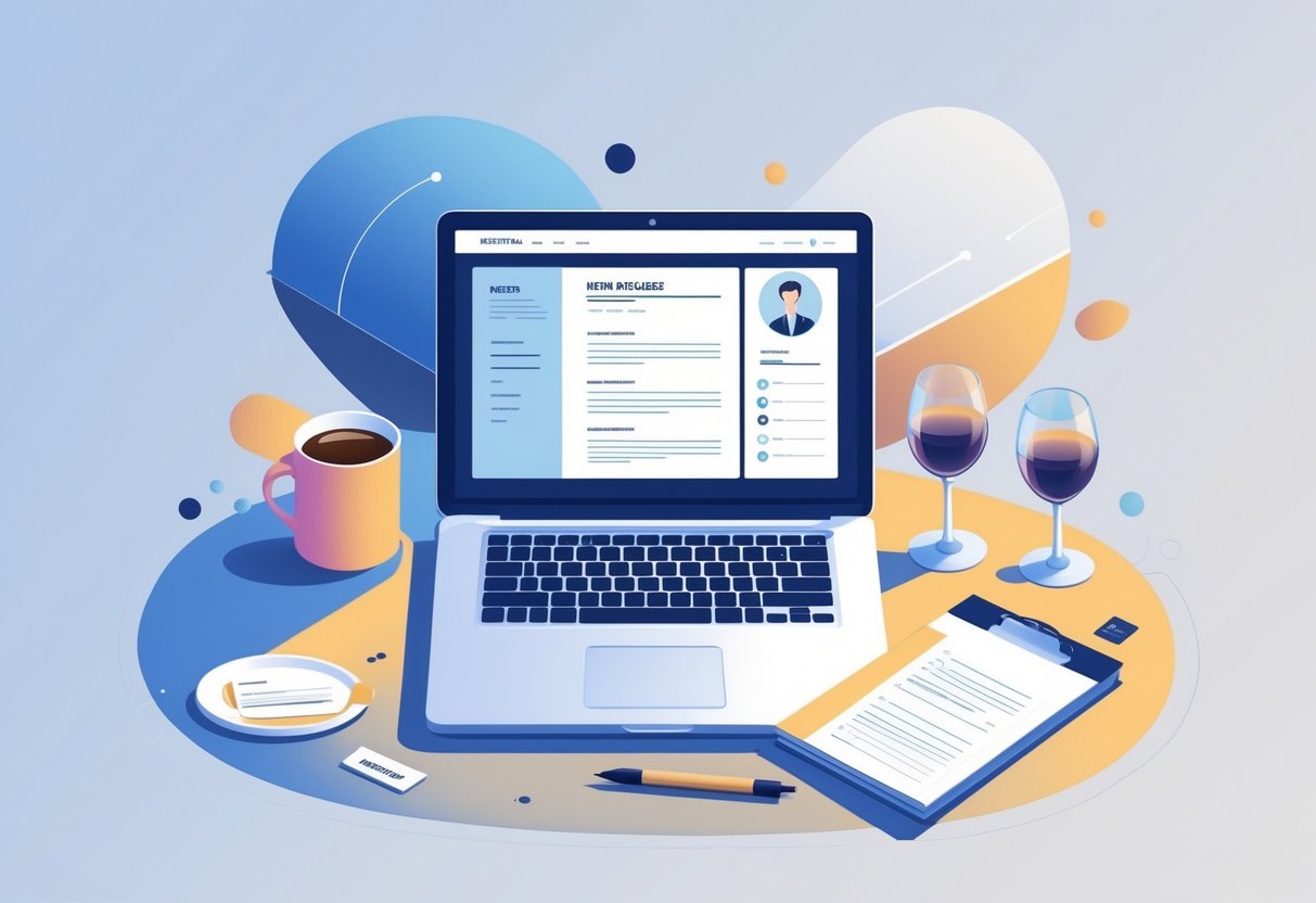 11 Server Resume Examples & Guide for 2025: Templates and Writing Tips 1 A tidy workspace with a laptop showing a resume layout, a coffee cup, and server-related items like a waiter’s tray and name tag on the desk.