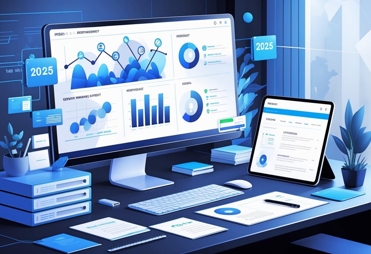 11 Server Resume Examples & Guide for 2025: Templates and Writing Tips 2 A modern workspace with a computer showing data charts, documents, and a tablet displaying a resume template, representing server management and resume preparation.