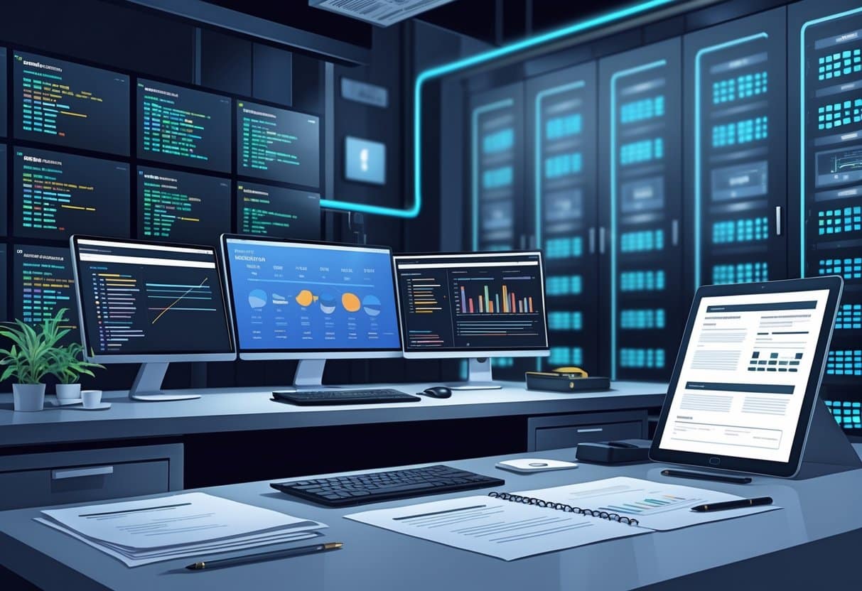 11 Server Resume Examples & Guide for 2025: Templates and Writing Tips 3 A modern office workspace with computer monitors, a digital tablet, and a server room in the background, showing a technician preparing server-related documents.