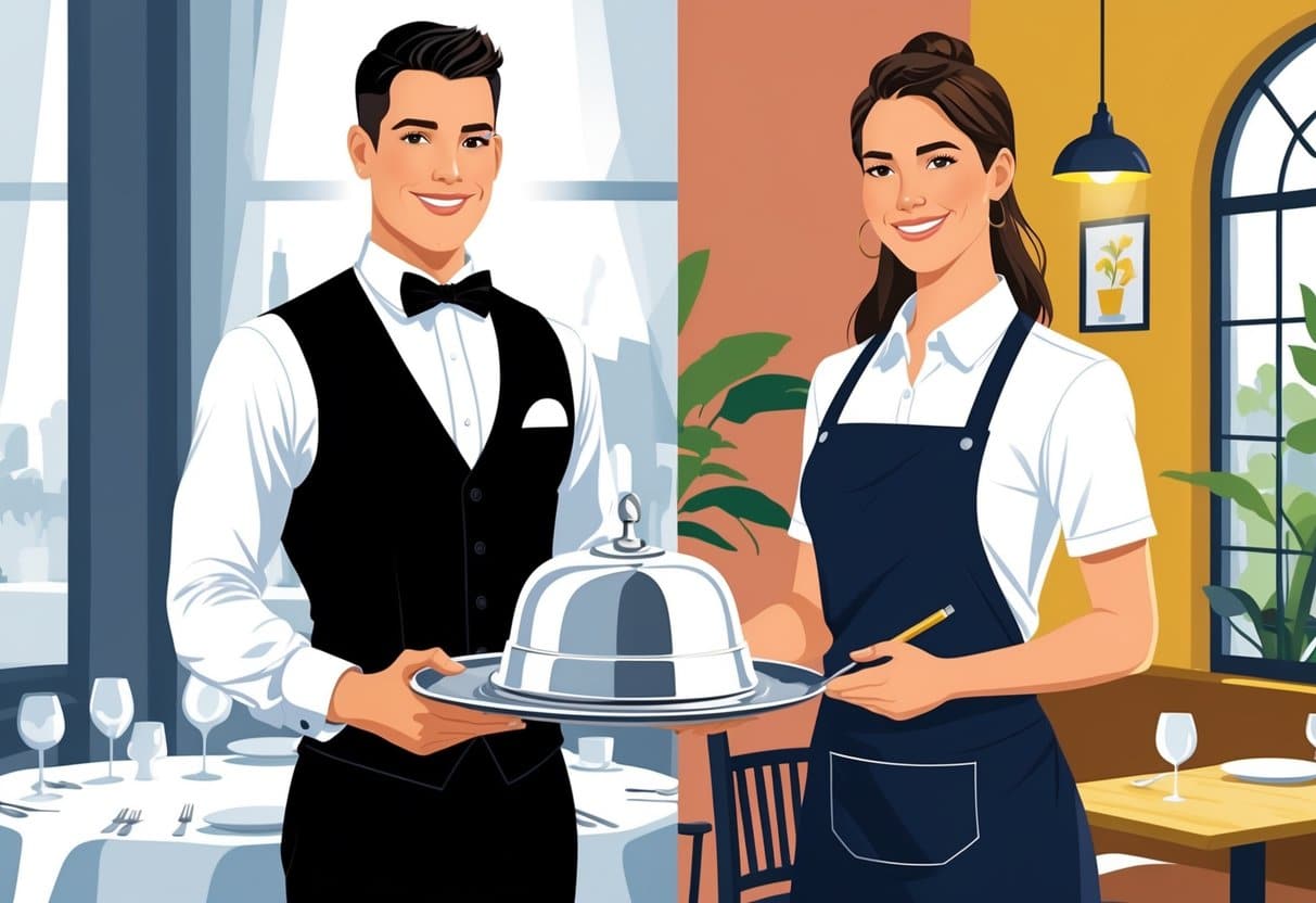11 Server Resume Examples & Guide for 2025: Templates and Writing Tips 4 Two servers side by side, one in formal attire holding a covered tray in an elegant restaurant, the other in casual clothing holding a notepad in a relaxed bistro setting.