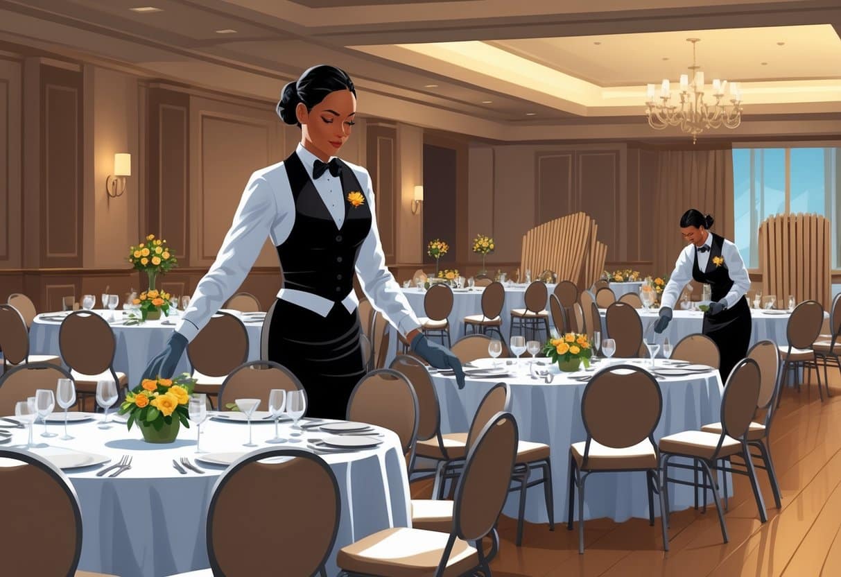 17 Banquet Server Resume Examples & Guide for 2025 to Boost Your Job Search 4 A banquet server arranging tables and another stacking chairs in a banquet hall during setup and teardown.