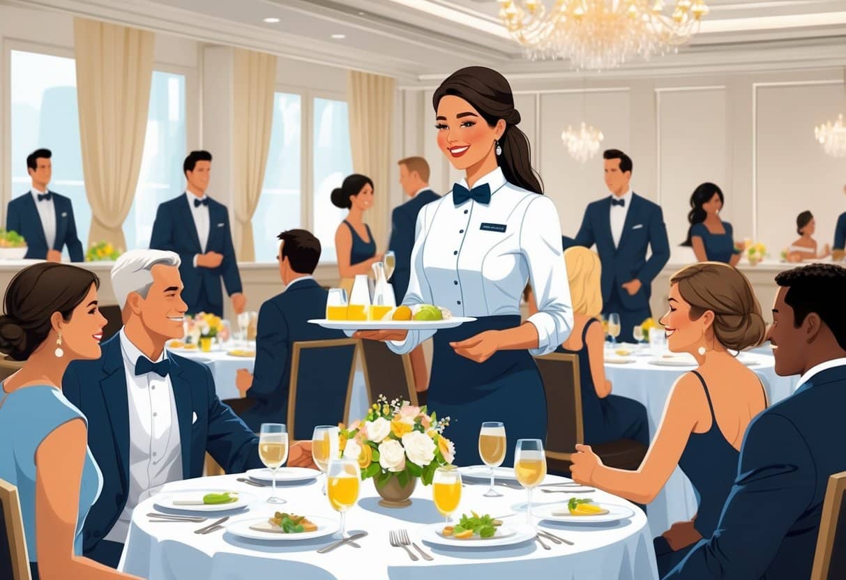 17 Banquet Server Resume Examples & Guide for 2025 to Boost Your Job Search 5 A banquet server attentively serving guests at an elegant banquet hall with tables set for a formal event.