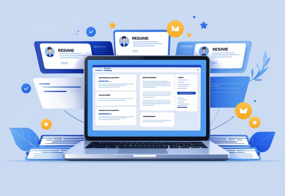 10 RoboApply Reviews by REAL Customers: Honest User Experiences and Insights 5 A workspace with a laptop showing multiple resumes and cover letters, surrounded by icons representing documents and positive user reviews.
