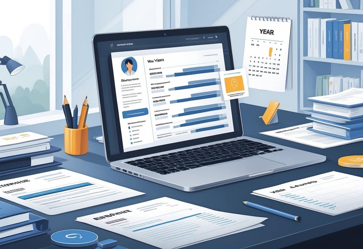 Resume Length: How Long Should a Resume Be in 2025 for Maximum Impact 2 A modern office desk with a laptop showing a digital resume interface, surrounded by documents and career-related items, in a clean and organized workspace.
