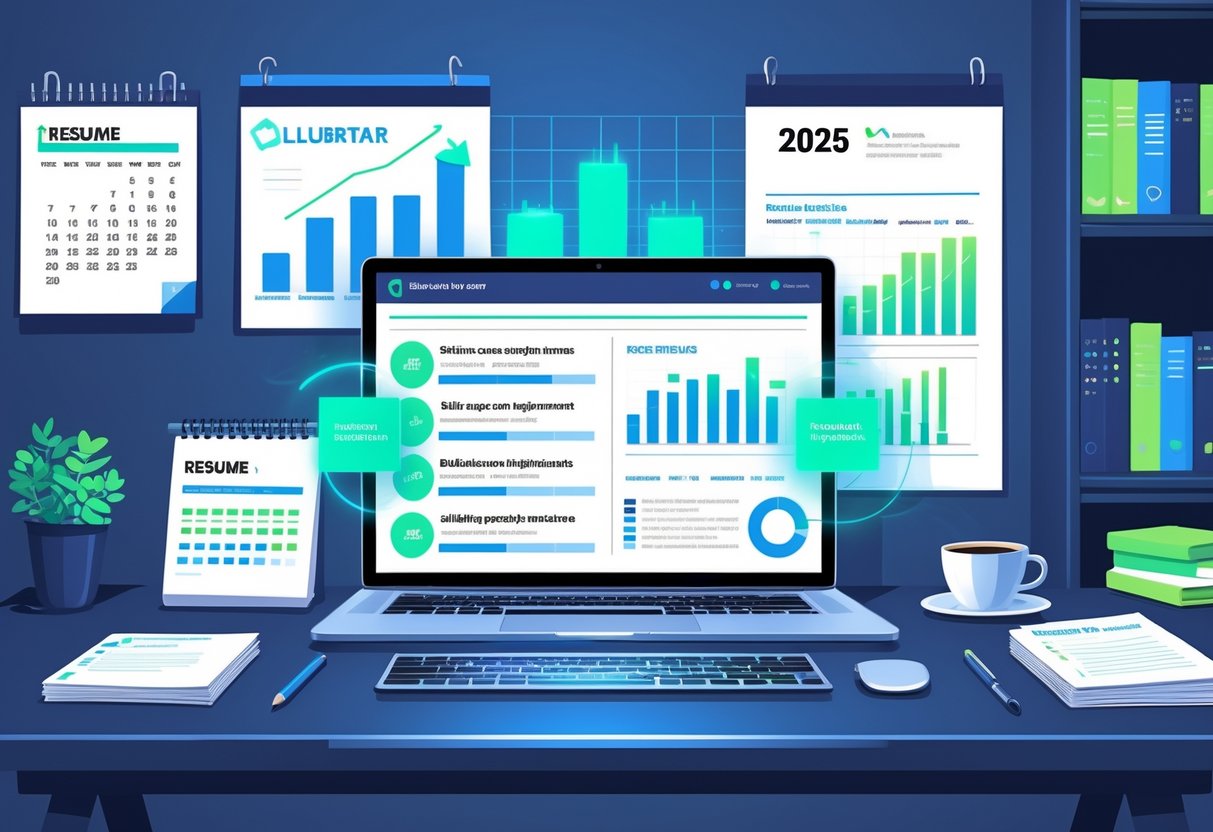 Resume Length: How Long Should a Resume Be in 2025 for Maximum Impact 3 A modern workspace with a laptop showing a digital resume highlighting skills and accomplishments, surrounded by notes, charts, and a calendar marked 2025.