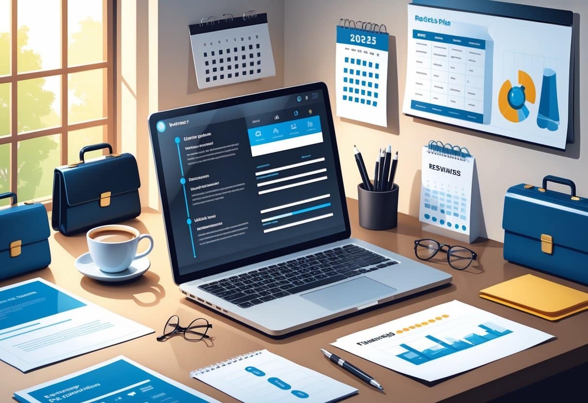 Resume Length: How Long Should a Resume Be in 2025 for Maximum Impact 4 A modern office workspace with a laptop displaying a digital resume, surrounded by industry icons and office supplies, emphasizing resume tailoring for different jobs in 2025.