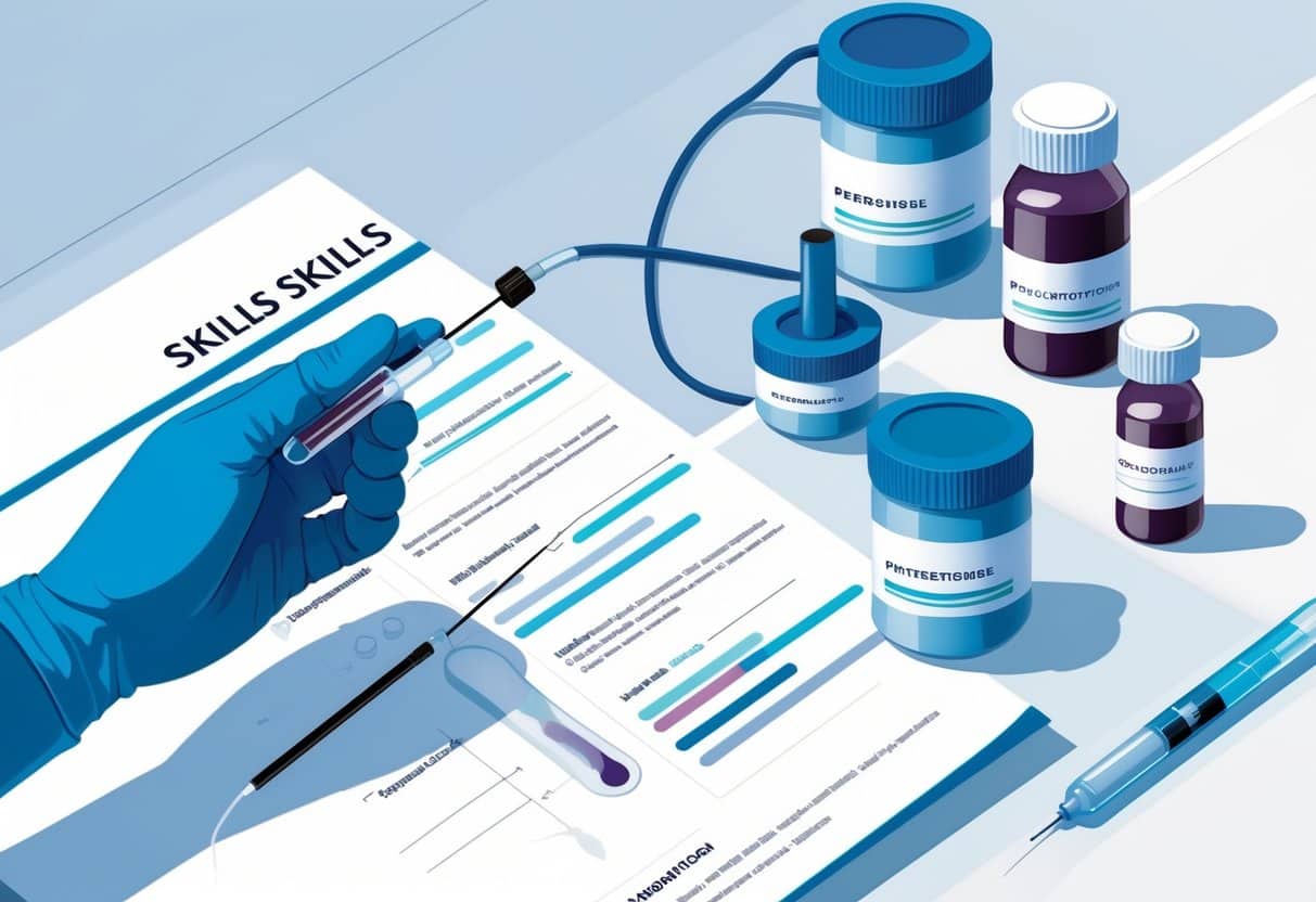 20 Phlebotomist Resume Examples That Got Jobs in 2025 4 An illustration showing a gloved hand drawing blood with a needle, a fingertip with a drop of blood, and labeled specimen containers arranged neatly on a clean surface.