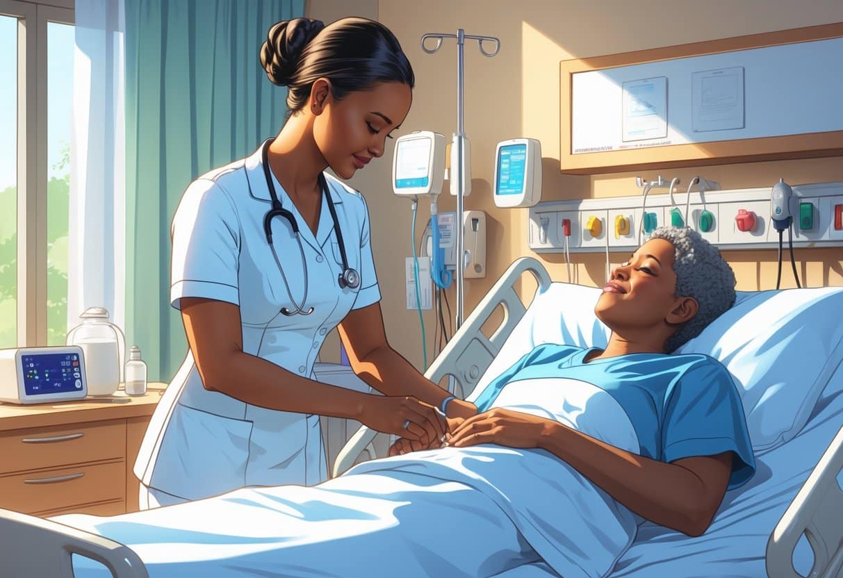 30 Professional Nursing Cover Letter Examples for 2025 to Inspire Your Application 4 A nurse attentively caring for a patient in a hospital room with medical equipment around them.