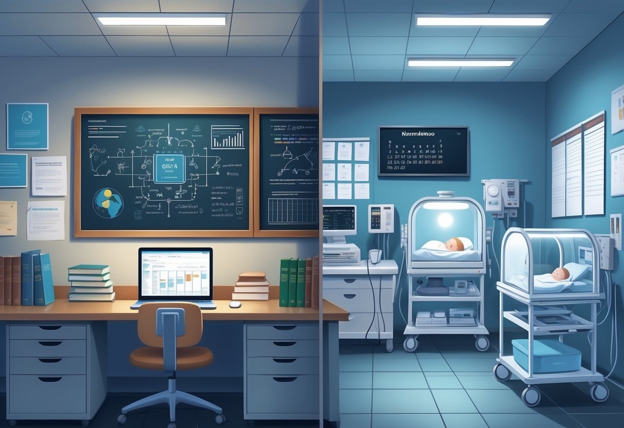 22 Professor Resume Examples That Helped Land Jobs in 2025 3 A workspace split between a professor's academic desk with books and a chalkboard, and a NICU nurse's station with baby incubators and medical equipment.