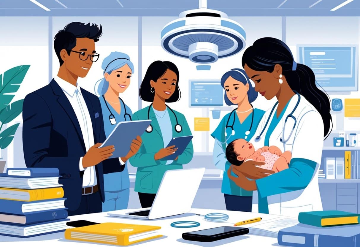 22 Professor Resume Examples That Helped Land Jobs in 2025 4 A group of educators and healthcare professionals collaborating, including a professor with teaching materials and a nurse holding a newborn baby in a bright office setting.