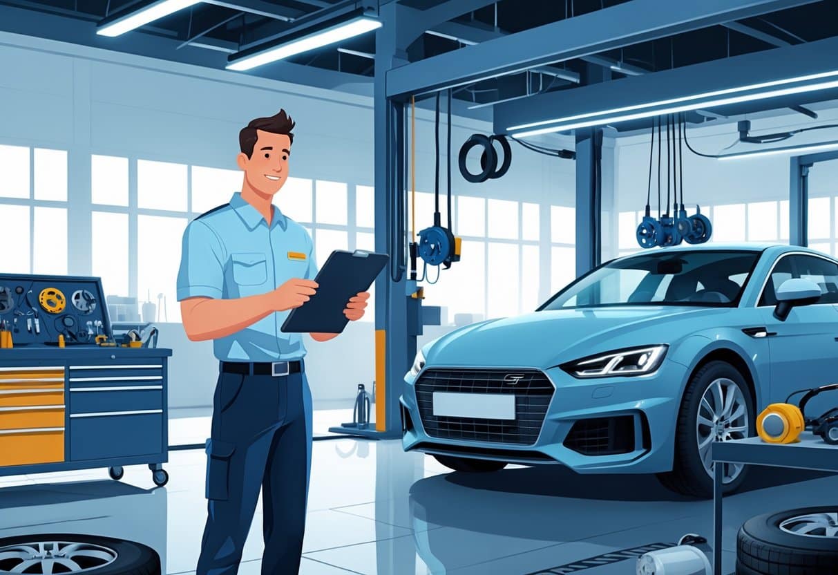 Top Automotive Skills List - Resume Examples for Advancing Your Career 4 An automotive technician in a workshop holding a tablet, surrounded by car parts and tools, with a car being serviced in the background.