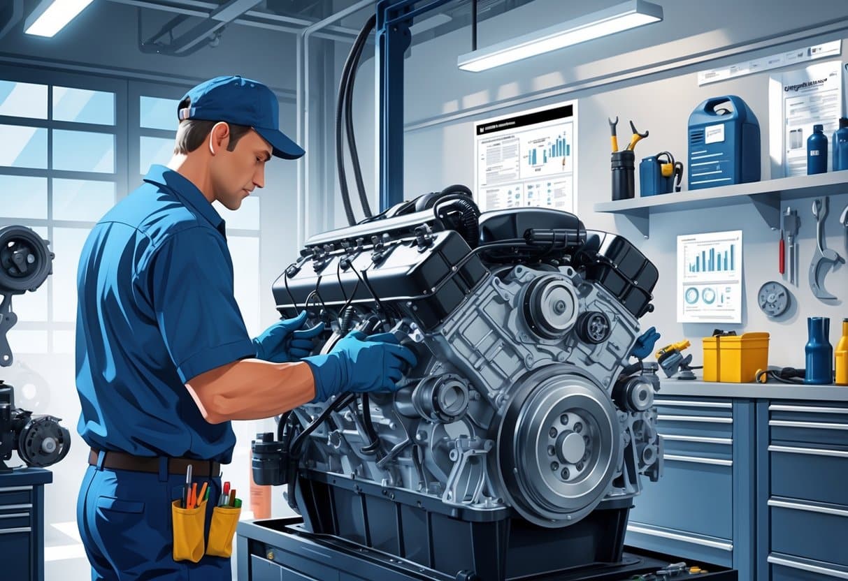 Top Automotive Skills List - Resume Examples for Advancing Your Career 5 An automotive technician working on a diesel engine in a clean workshop surrounded by tools and engine parts.