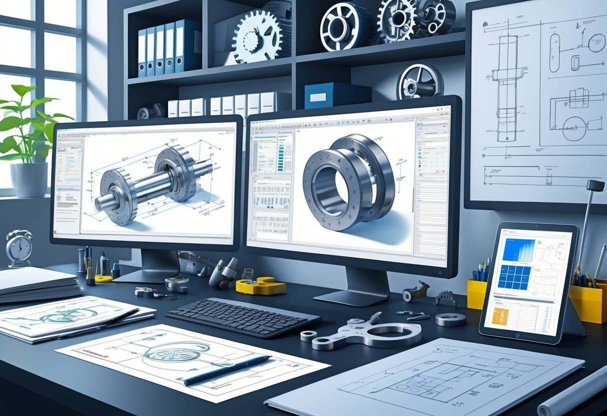 6 Mechanical Design Engineer Resume Examples & Guide for 2025: Proven Formats and Writing Tips 1 A Mechanical Design Engineer's workspace with dual monitors showing 3D CAD models, technical drawings, engineering tools, and shelves with mechanical components and books.