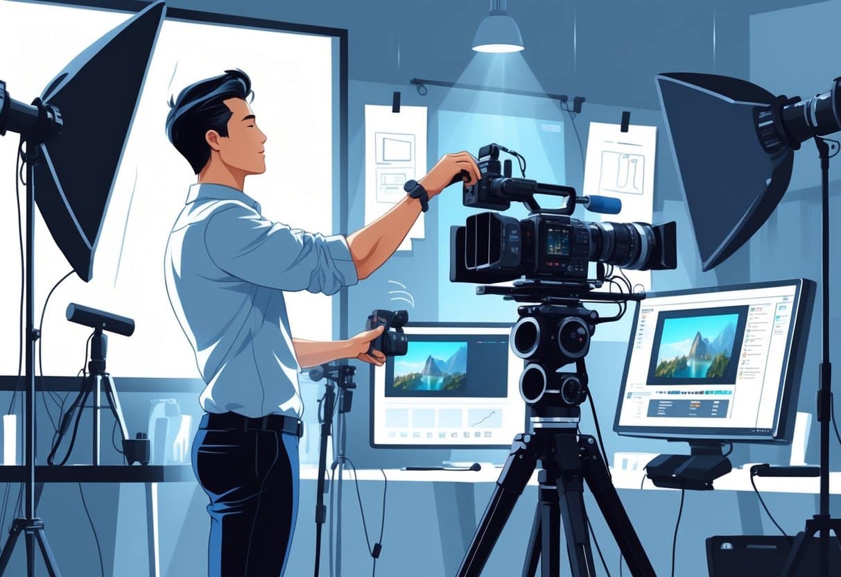 21 Videographer Resume Examples & Guide for 2025 to Land Your Next Job 3 A videographer adjusting a professional video camera on a tripod in a studio with lighting and monitors.