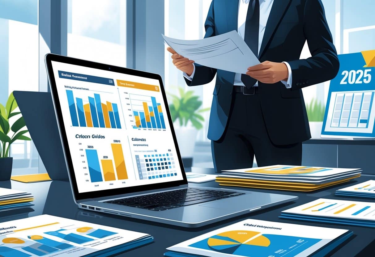 30 Sales Resume Examples & Guide for 2025 to Land Your Next Role 1 A business professional reviewing documents at a modern desk with a laptop showing sales charts and a tablet displaying a checklist.
