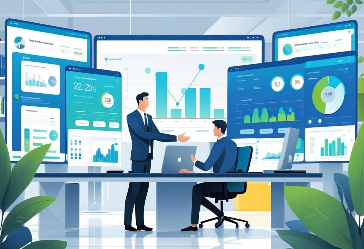 30 Sales Resume Examples & Guide for 2025 to Land Your Next Role 2 Two business professionals negotiating across a conference table with digital CRM dashboards displayed around them in a modern office.