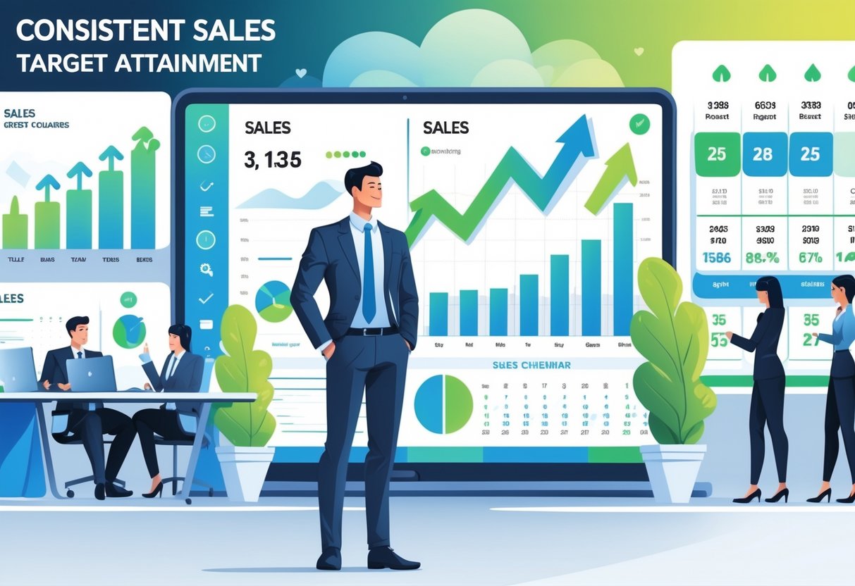 30 Sales Resume Examples & Guide for 2025 to Land Your Next Role 3 A business professional stands beside a digital dashboard showing rising sales charts and metrics in a modern office with colleagues working together.