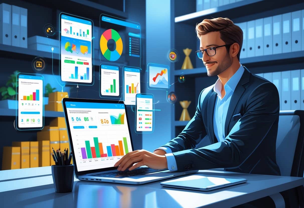 30 Sales Resume Examples & Guide for 2025 to Land Your Next Role 4 A businessperson working at a desk with a laptop showing sales software dashboards and floating sales charts around them.