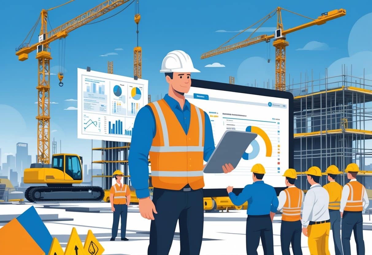 12 Construction Project Manager Resume Examples for Landing Your Next Role 2 A construction project manager wearing a hard hat and safety vest stands at a construction site with cranes and workers, reviewing plans and coordinating the team.