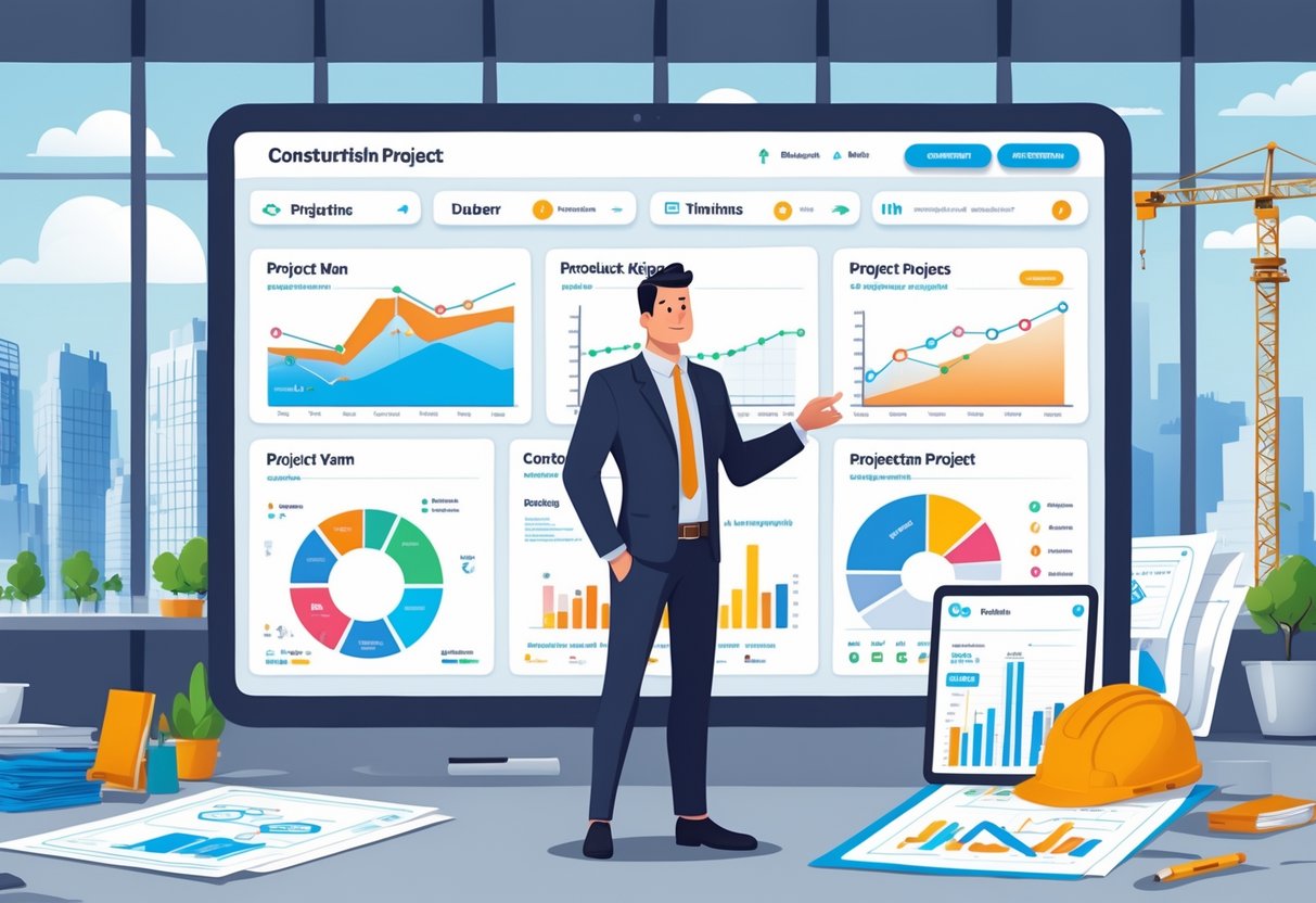 12 Construction Project Manager Resume Examples for Landing Your Next Role 3 A construction project manager reviewing multiple project timelines and budgets on a digital dashboard in a modern office with construction elements nearby.