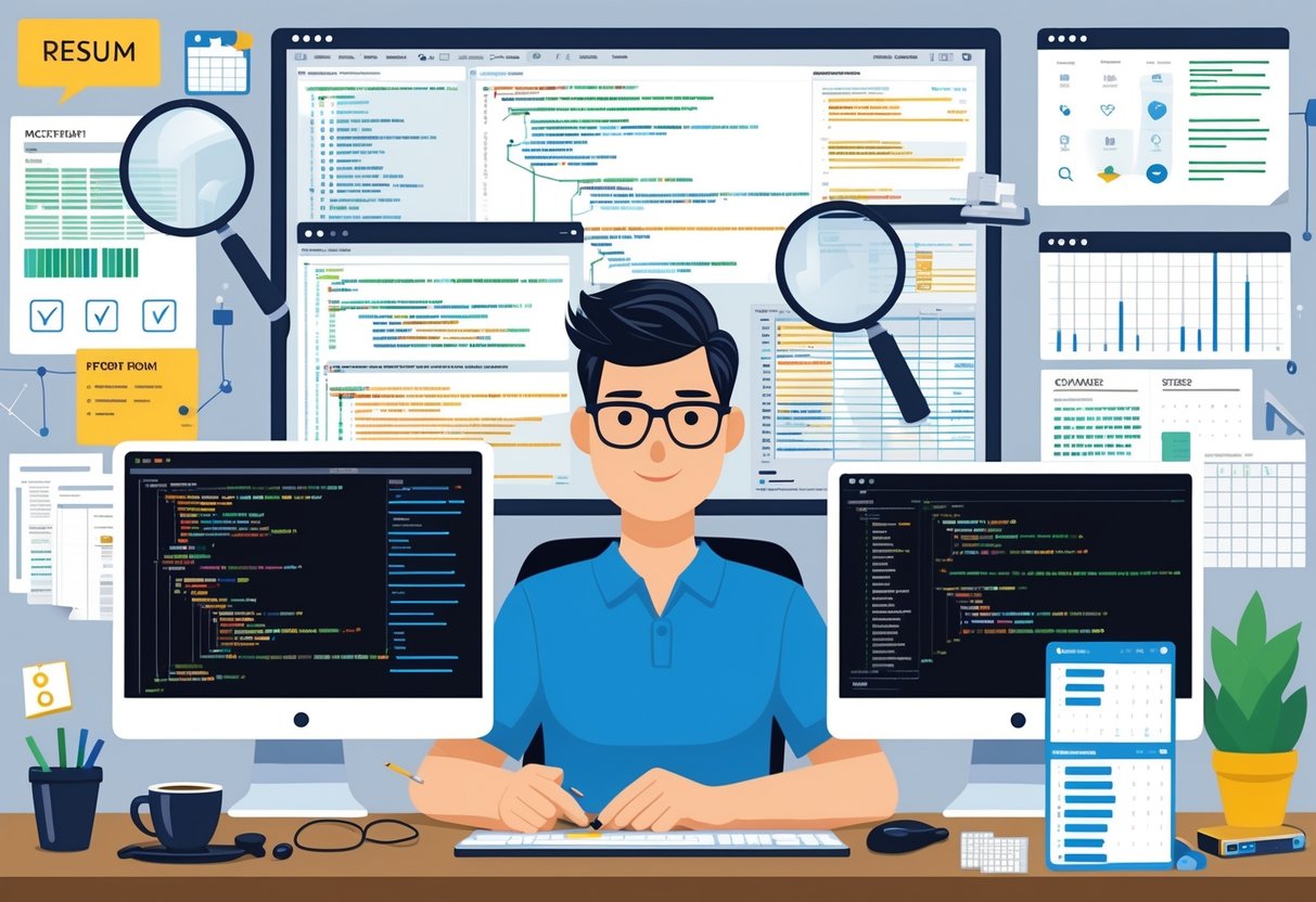 A software tester working at a desk with multiple monitors showing code and testing diagrams, surrounded by symbols of testing methods and a tidy office workspace.
