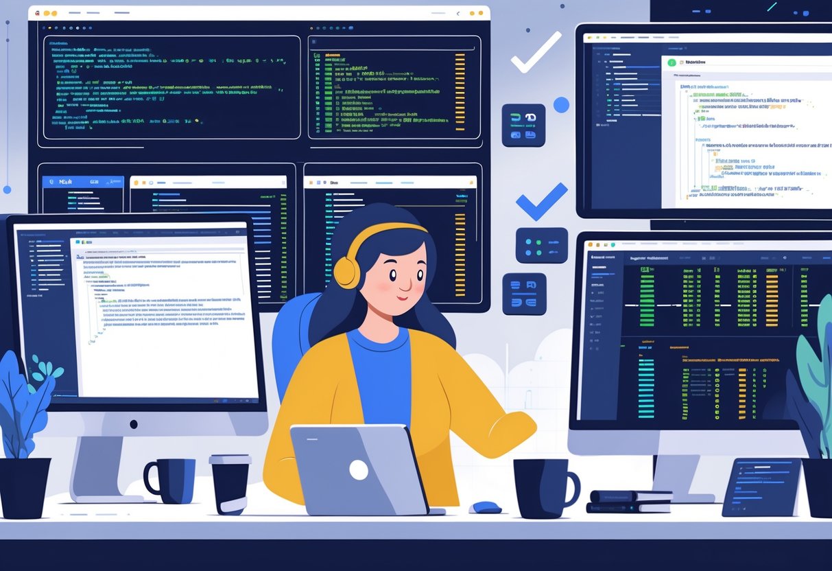 A software tester working at a desk with multiple monitors showing SQL code and database tables, reviewing backend data validation.