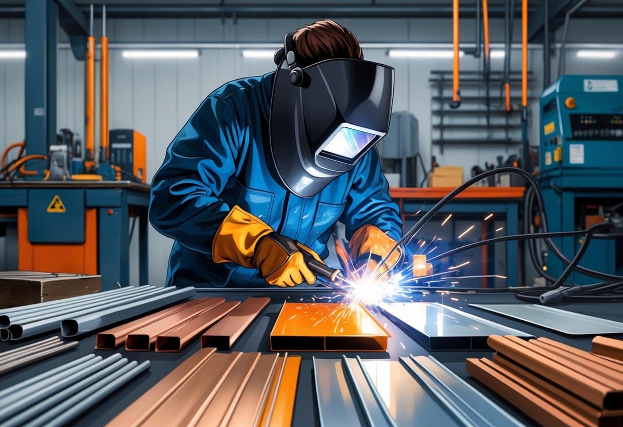 A welder wearing protective gear is welding different types of metal in a clean workshop with various metal samples and tools around.