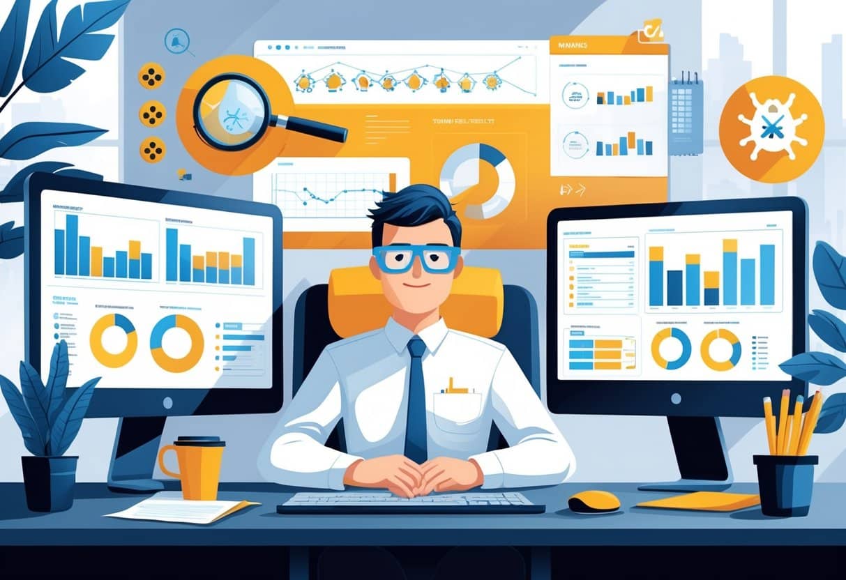 A manual software tester working at a desk with multiple screens showing charts and graphs, surrounded by symbols representing bug detection and quality assurance.