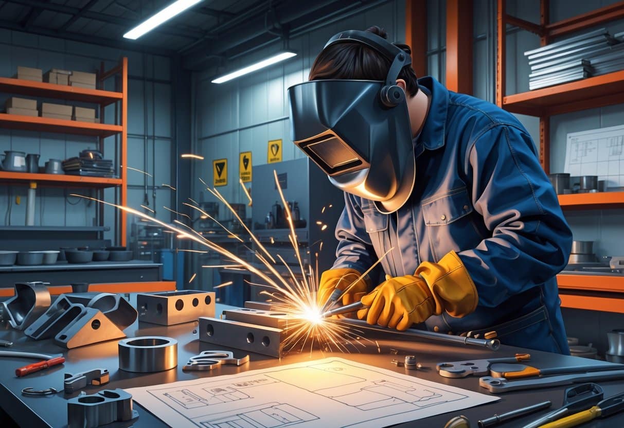 A welder wearing protective gear is actively welding metal parts in an industrial workshop filled with tools and machinery.