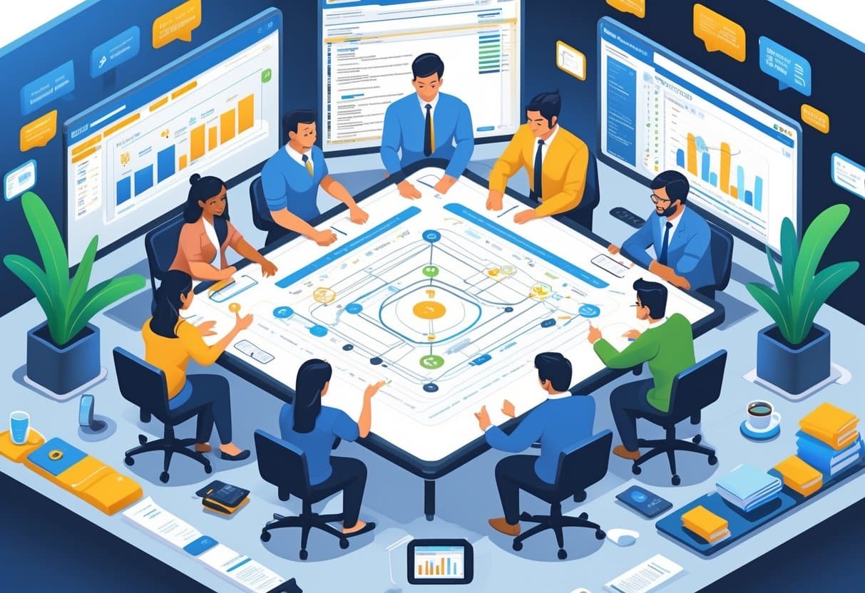 A group of professionals including testers and developers collaborating around a digital table with screens showing software testing and development activities in a modern office.