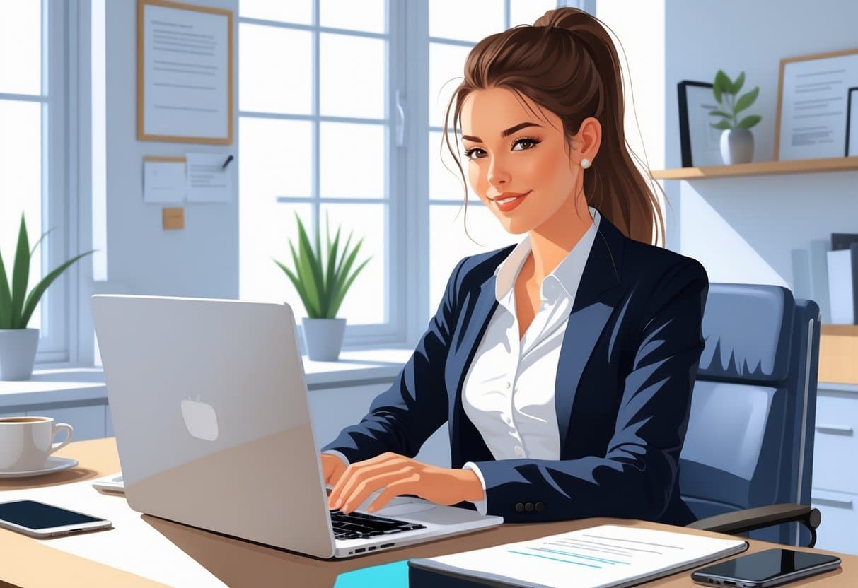 A young woman at a desk typing on a laptop in a bright office workspace.