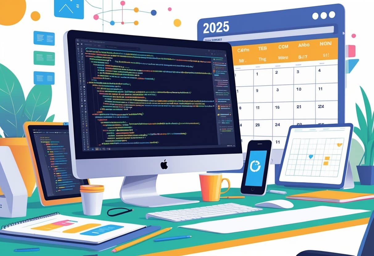 7 Web Designer Resume Examples & Guide for 2025: Expert Tips for Landing Your Next Role 3 A modern workspace with a computer showing colorful code, design tools, and a planner marked 2025, representing a web designer's proficiency.